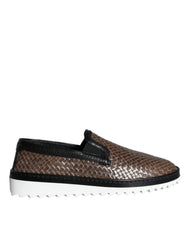 Dolce & Gabbana Brown Black Leather Weaved Men Loafers Shoes -   -  Dolce & Gabbana.