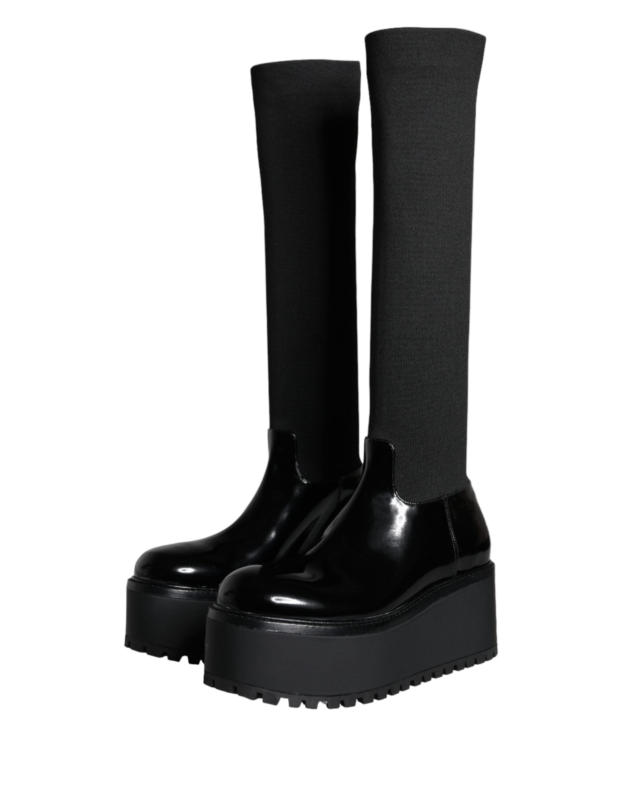 Dolce & Gabbana Black Leather Jersey Knee High Boots Shoes -   -  Dolce & Gabbana. Dolce & Gabbana Black Leather Jersey Knee High Boots Shoes -   -  Dolce & Gabbana.