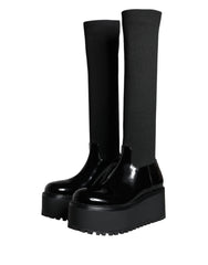 Dolce & Gabbana Black Leather Jersey Knee High Boots Shoes -   -  Dolce & Gabbana.