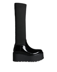 Dolce & Gabbana Black Leather Jersey Knee High Boots Shoes -   -  Dolce & Gabbana.