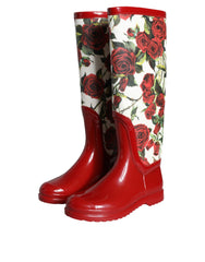 Dolce & Gabbana Red Floral Rubber Knee High Flat Boots Shoes -   -  Dolce & Gabbana.