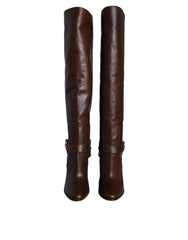 Dolce & Gabbana Brown Leather Gold Tone Logo High Boots Shoes -   -  Dolce & Gabbana.