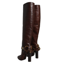 Dolce & Gabbana Brown Leather Gold Tone Logo High Boots Shoes -   -  Dolce & Gabbana.