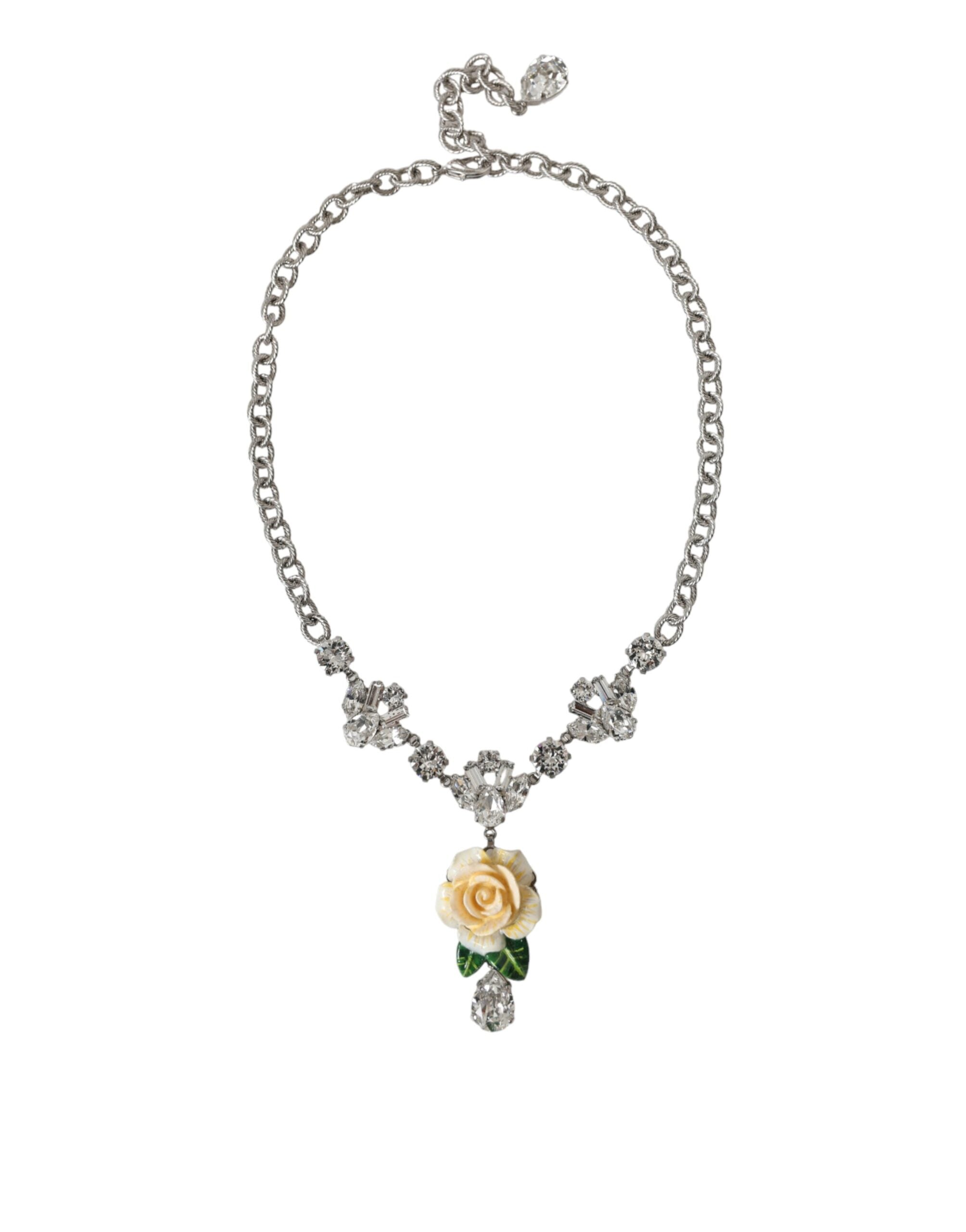 Dolce & Gabbana Silver Brass Clear Crystal Roses Pendants Necklace -   -  Dolce & Gabbana.
