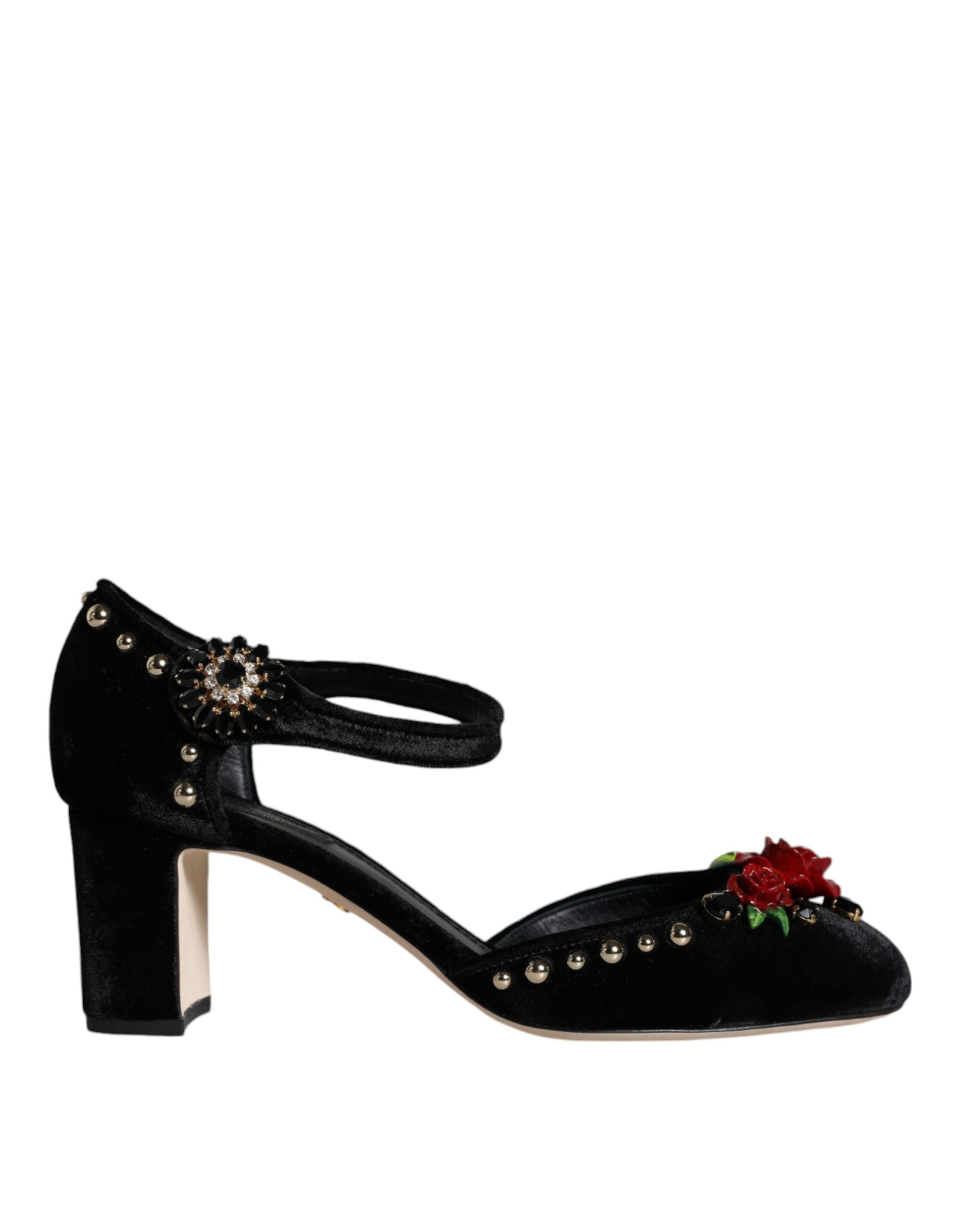 Dolce & Gabbana Black Velvet Roses Ankle Strap Pumps Shoes -   -  Dolce & Gabbana.
