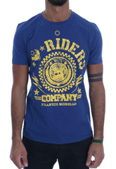 Frankie Morello Blue Cotton RIDERS Crewneck T-Shirt - - Frankie Morello.