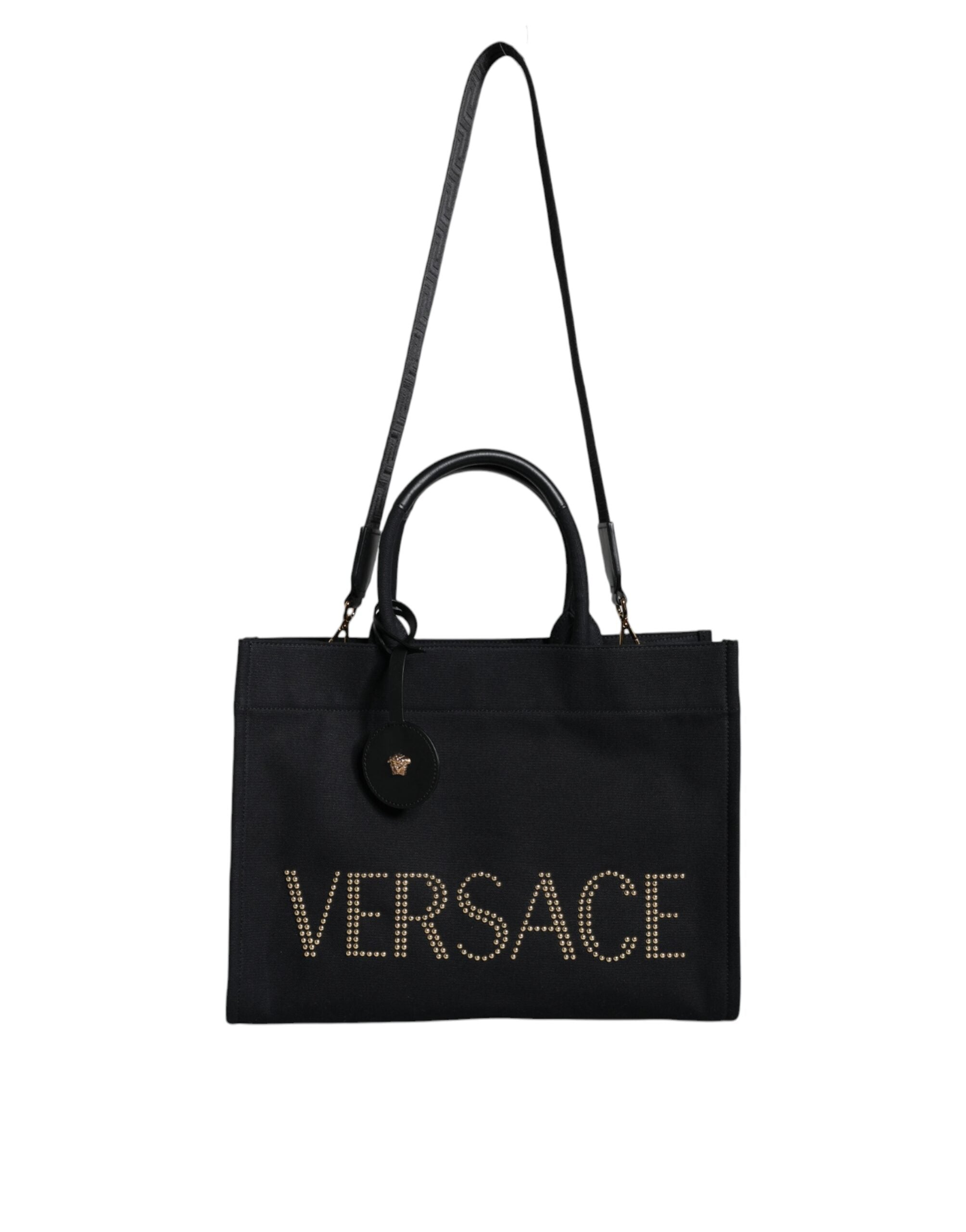 Versace Black Top Handle Canvas Leather Logo Crossbody Tote Bag -   -  Versace.