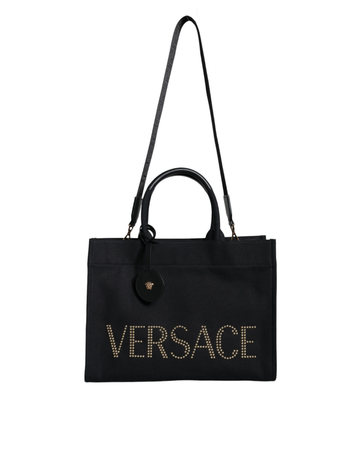 Versace Black Top Handle Canvas Leather Logo Crossbody Tote Bag -   -  Versace.