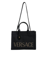 Versace Black Top Handle Canvas Leather Logo Crossbody Tote Bag -   -  Versace.