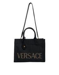 Versace Black Top Handle Canvas Leather Logo Crossbody Tote Bag -   -  Versace.