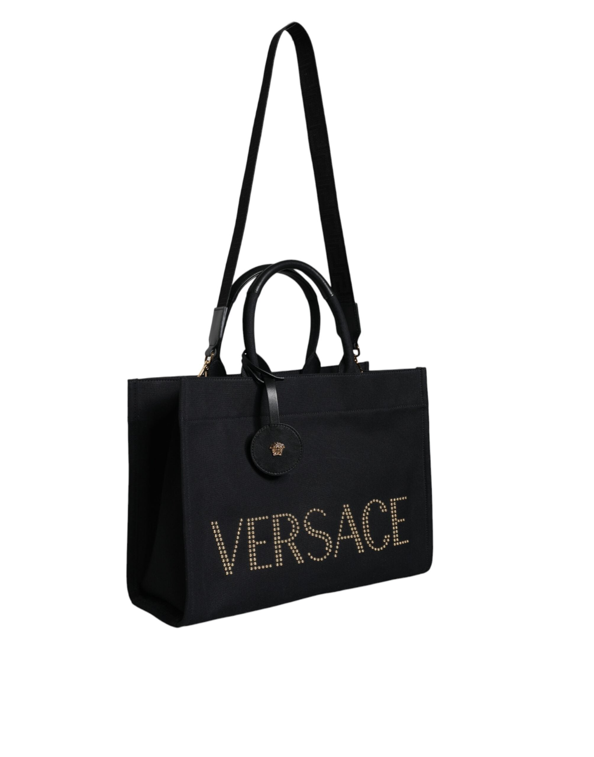 Versace Black Top Handle Canvas Leather Logo Crossbody Tote Bag -   -  Versace. Versace Black Top Handle Canvas Leather Logo Crossbody Tote Bag -   -  Versace.
