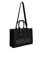 Versace Black Top Handle Canvas Leather Logo Crossbody Tote Bag -   -  Versace.