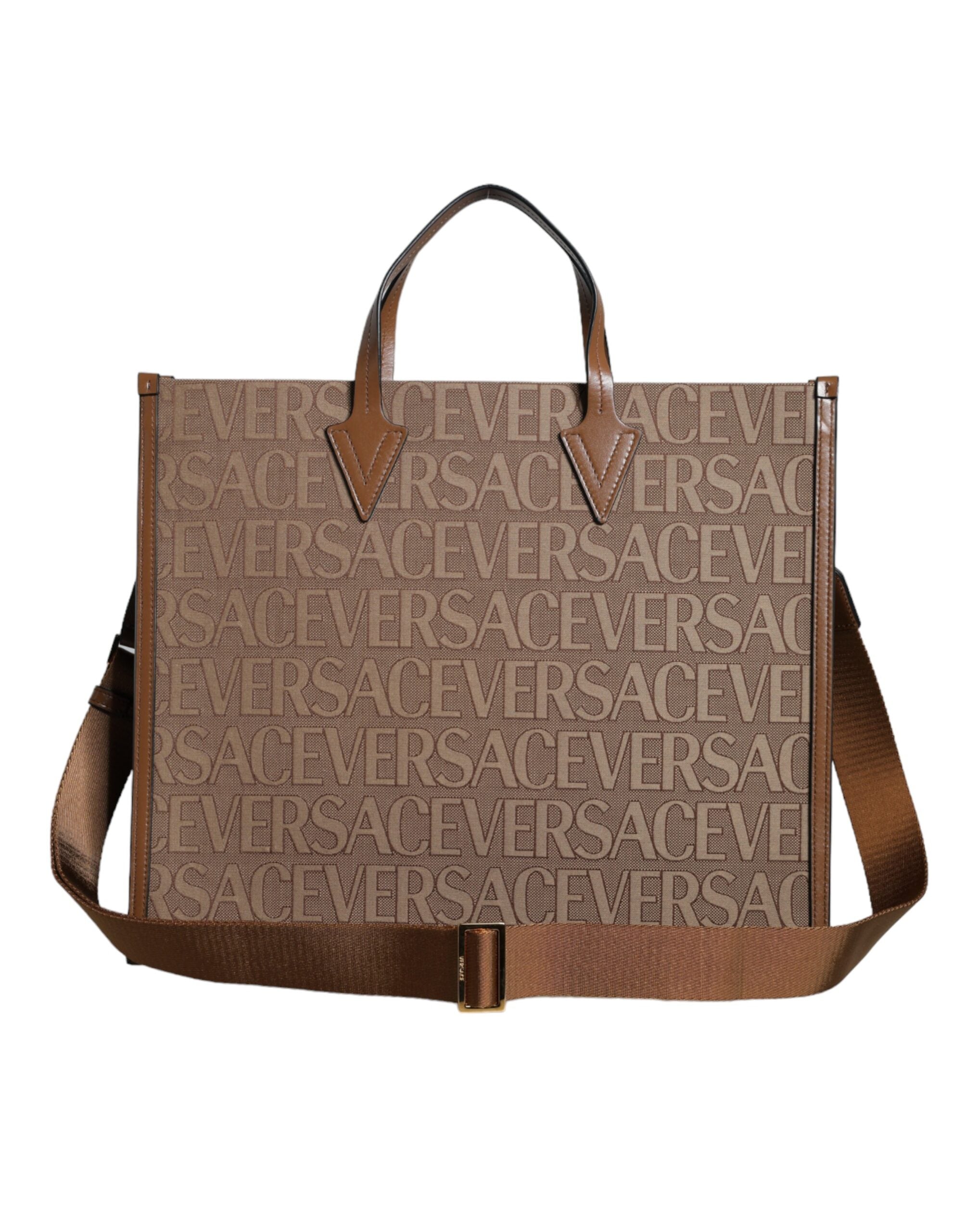 Versace Brown Top Handle Jacquard Leather Logo Crossbody Tote Bag -  Luxury Shopper Bag for Women -  Versace.