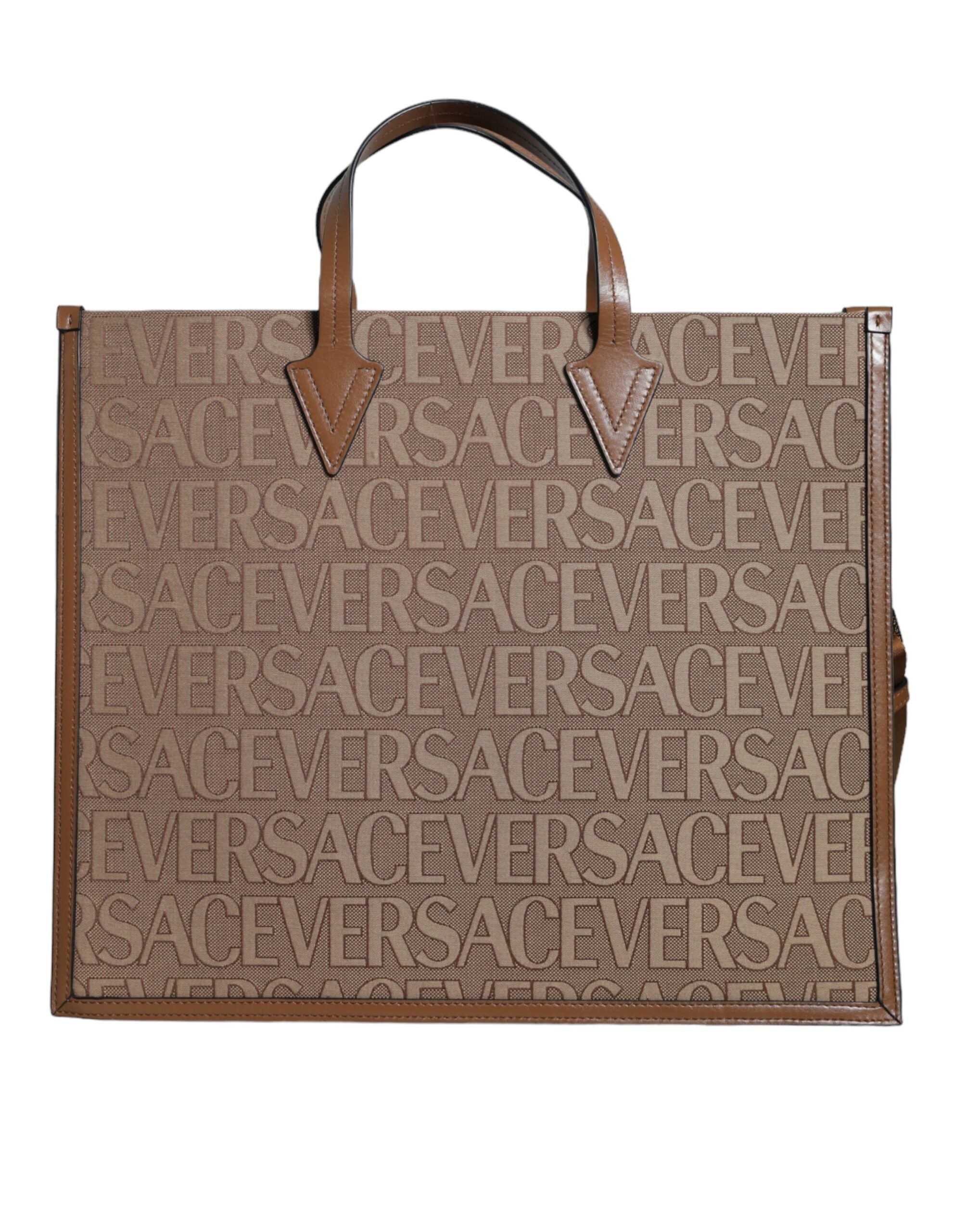 Versace Brown Top Handle Jacquard Leather Logo Crossbody Tote Bag -  Luxury Shopper Bag for Women -  Versace. Versace Brown Top Handle Jacquard Leather Logo Crossbody Tote Bag -  Luxury Shopper Bag for Women -  Versace.