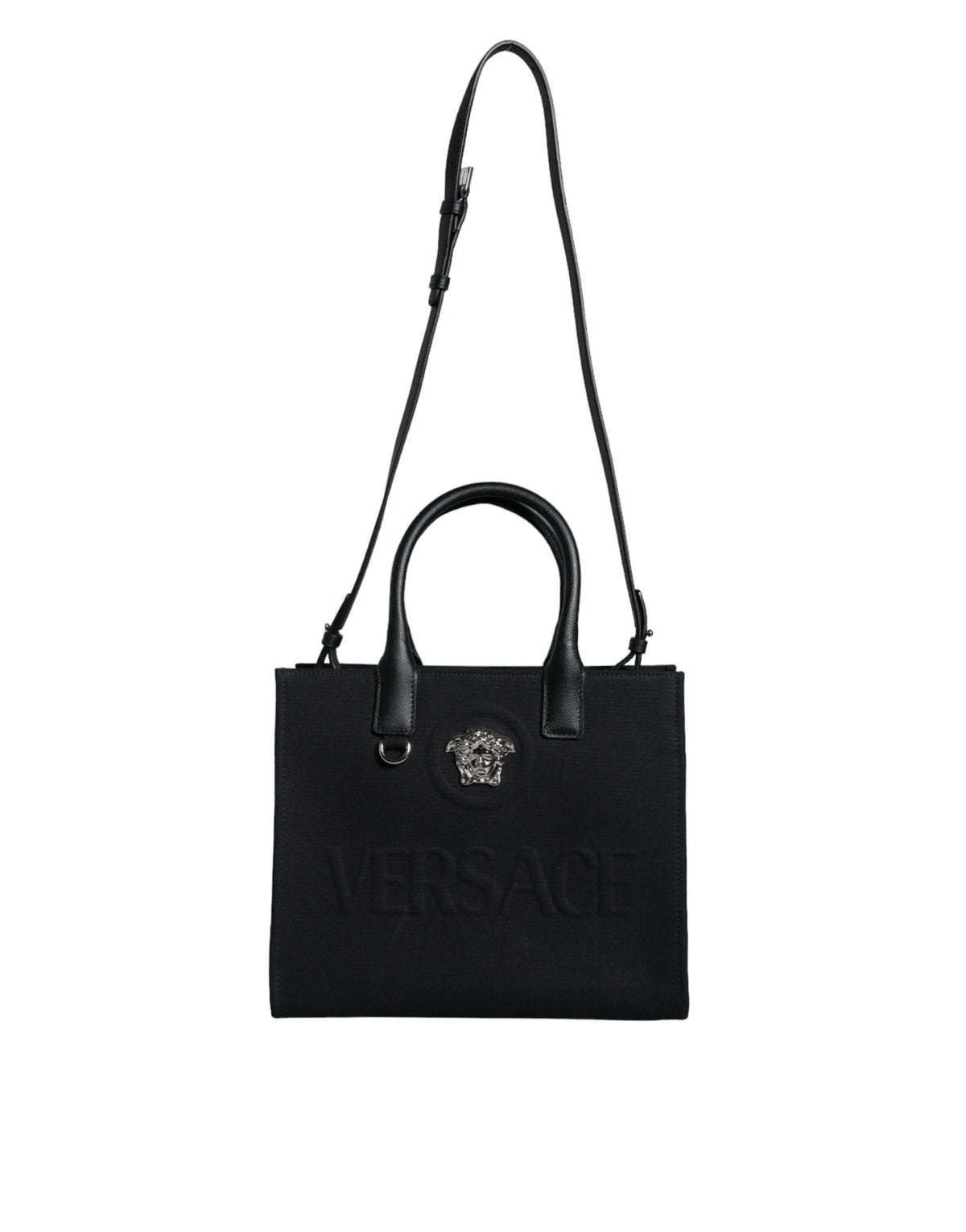 Versace Black Top Handle Canvas Leather Logo Crossbody Tote Bag -   -  Versace.