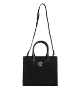 Versace Black Top Handle Canvas Leather Logo Crossbody Tote Bag -   -  Versace.