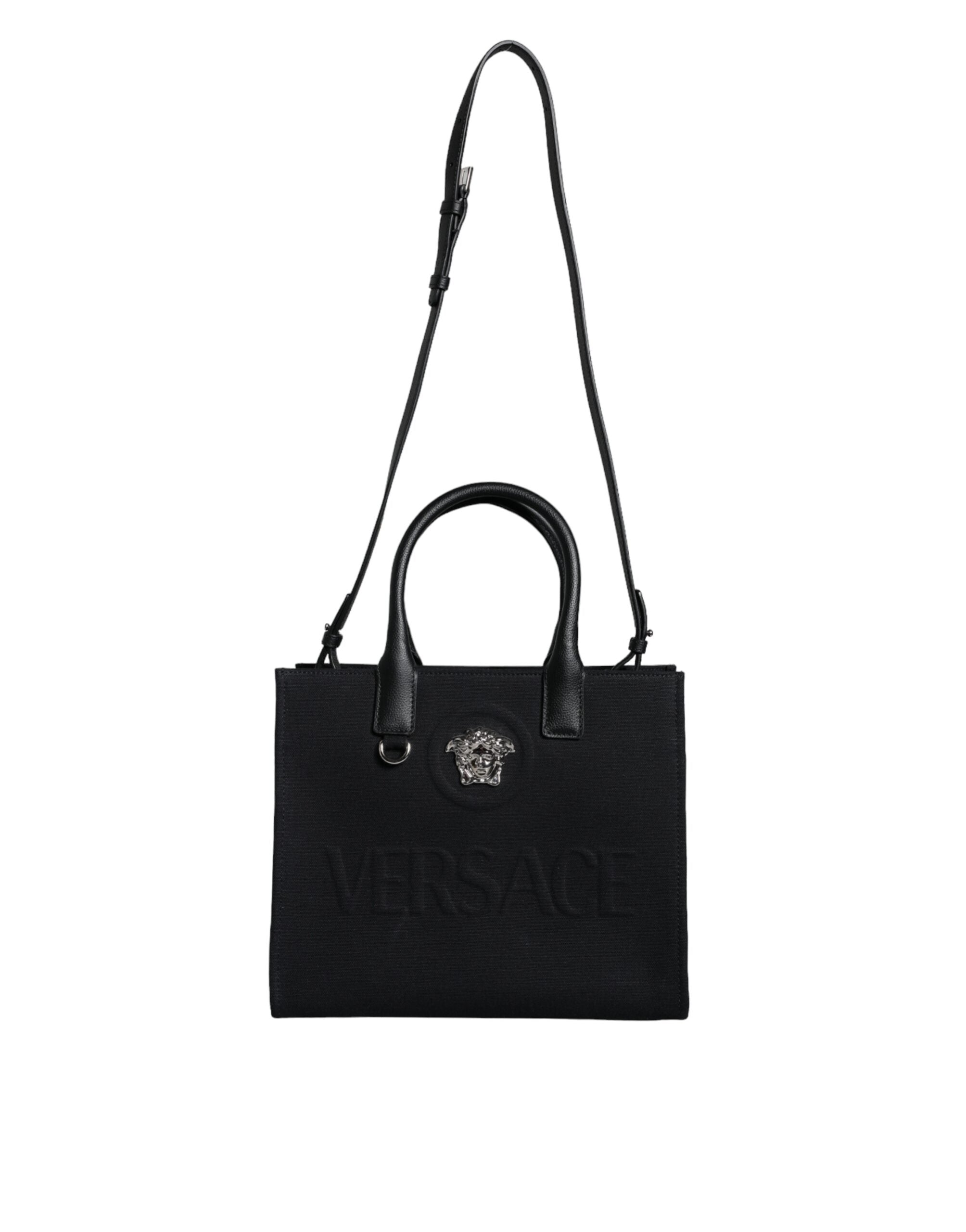 Versace Black Top Handle Canvas Leather Logo Crossbody Tote Bag -   -  Versace. Versace Black Top Handle Canvas Leather Logo Crossbody Tote Bag -   -  Versace.