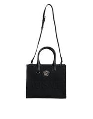 Versace Black Top Handle Canvas Leather Logo Crossbody Tote Bag -   -  Versace.