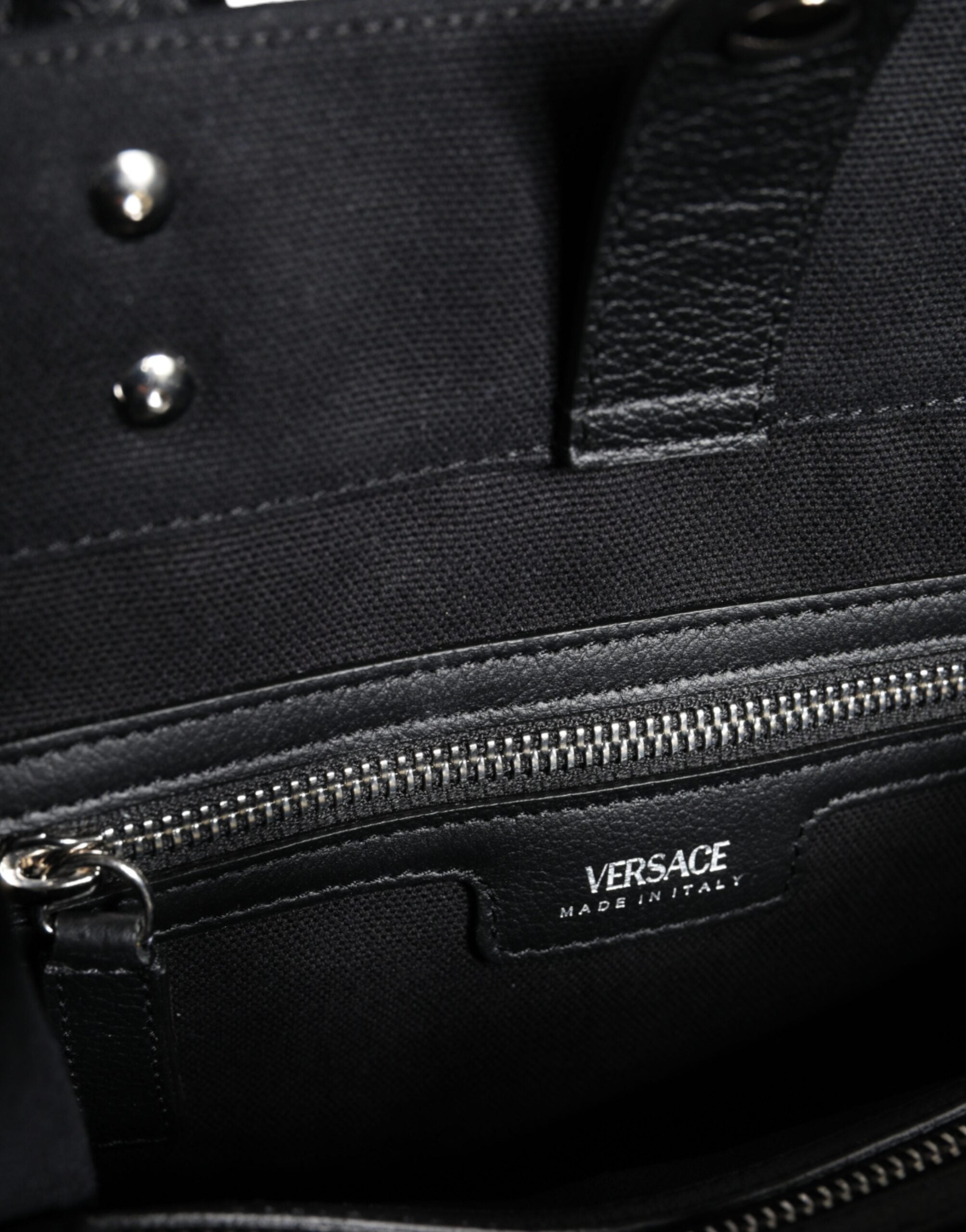 Versace Black Top Handle Canvas Leather Logo Crossbody Tote Bag -   -  Versace. Versace Black Top Handle Canvas Leather Logo Crossbody Tote Bag -   -  Versace.