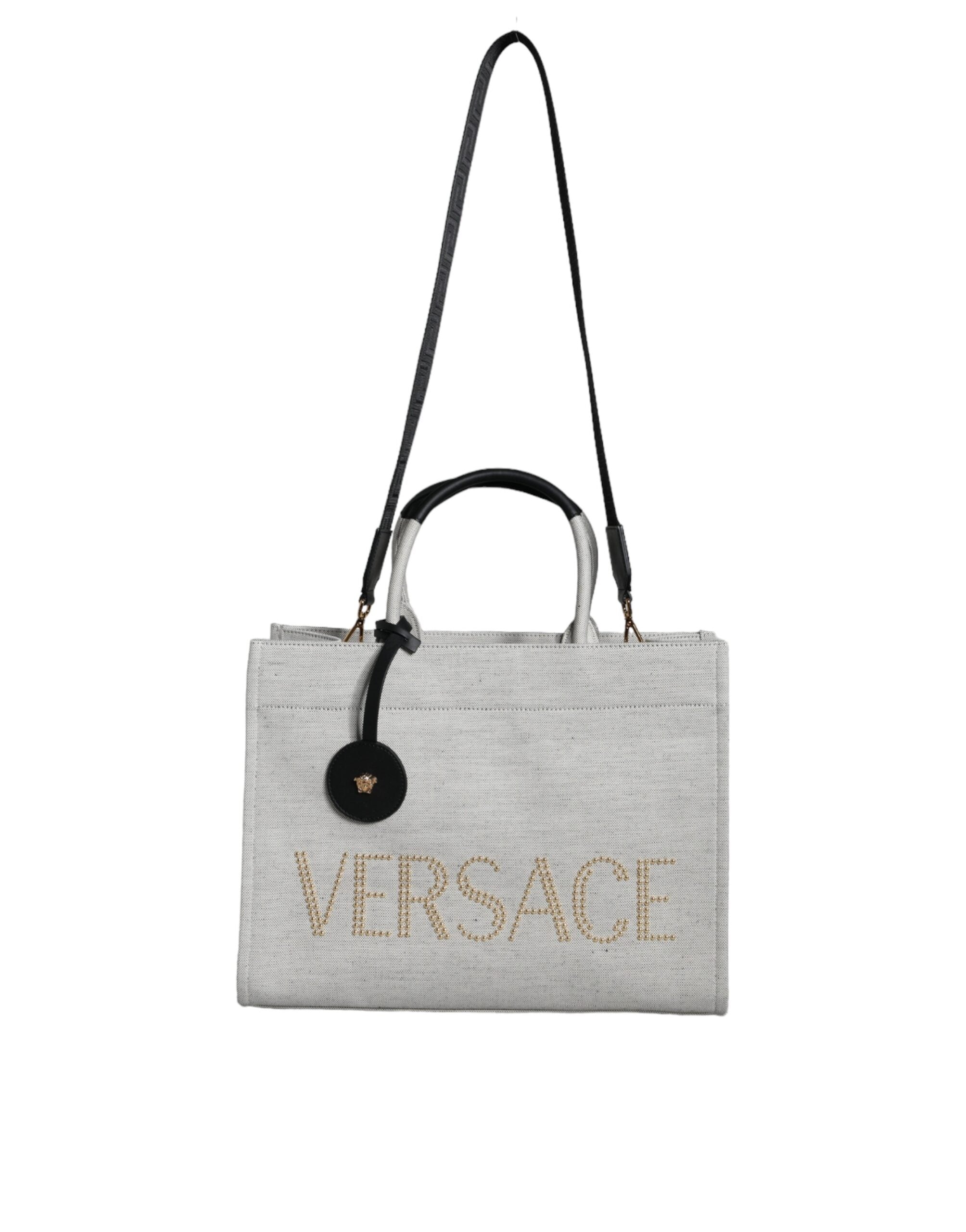 Versace White Top Handle Canvas Leather Logo Crossbody Tote Bag -  Luxury Shopper Bag for Women -  Versace.