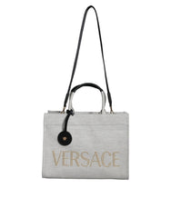 Versace White Top Handle Canvas Leather Logo Crossbody Tote Bag -  Luxury Shopper Bag for Women -  Versace.