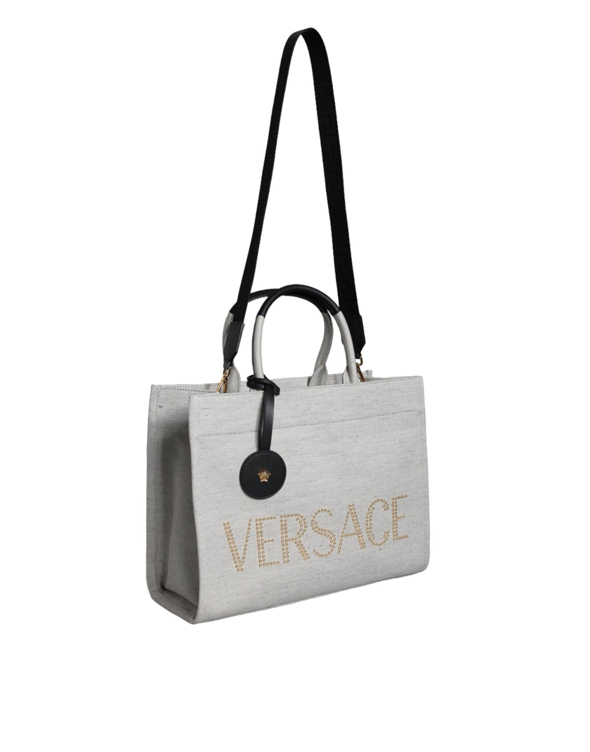 Versace White Top Handle Canvas Leather Logo Crossbody Tote Bag -  Luxury Shopper Bag for Women -  Versace. Versace White Top Handle Canvas Leather Logo Crossbody Tote Bag -  Luxury Shopper Bag for Women -  Versace.