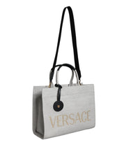Versace White Top Handle Canvas Leather Logo Crossbody Tote Bag -  Luxury Shopper Bag for Women -  Versace.