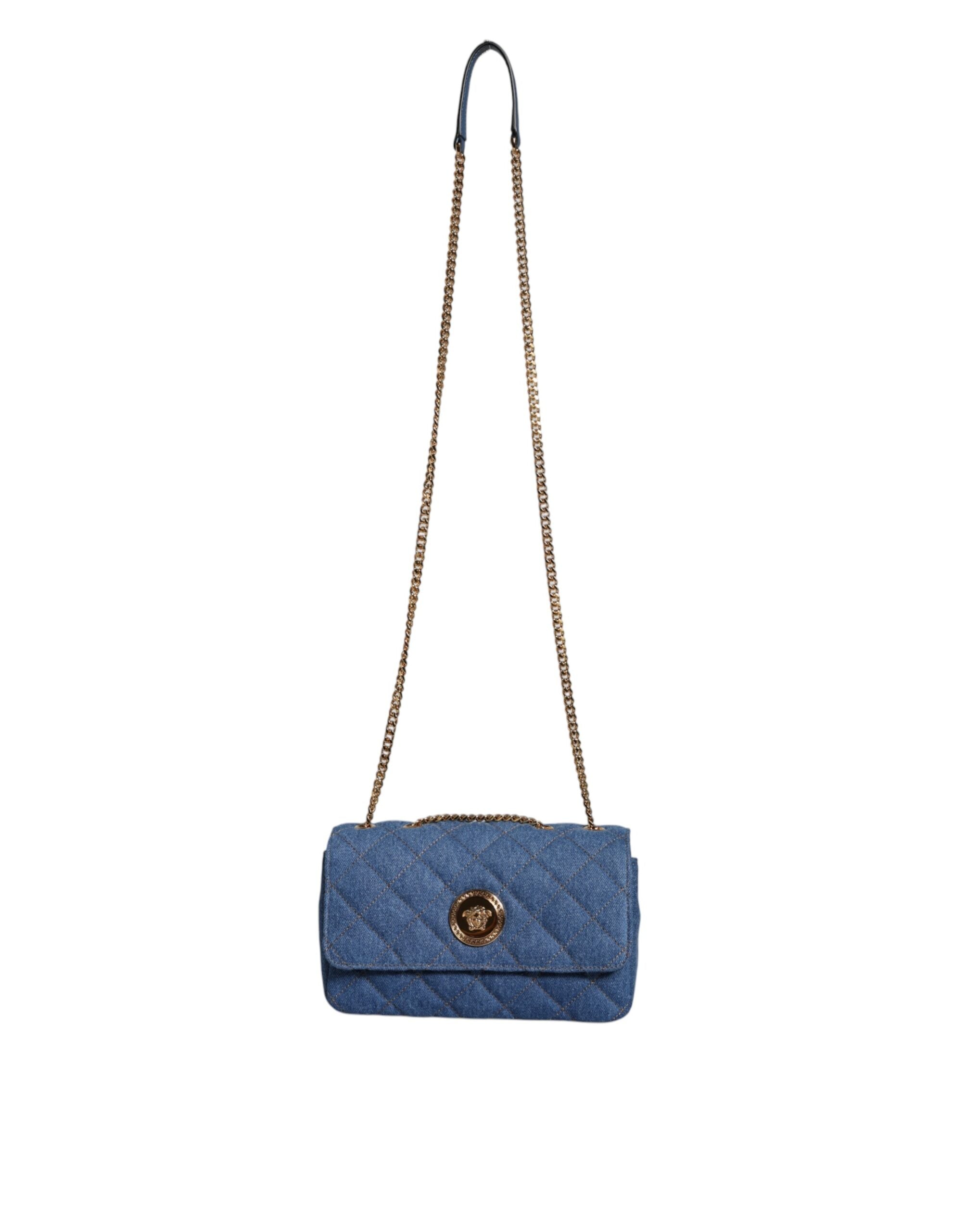 Versace Blue Quilted Denim Leather Crossbody Shoulder Bag -  Luxury Cross Body Bag for Women -  Versace. Versace Blue Quilted Denim Leather Crossbody Shoulder Bag -  Luxury Cross Body Bag for Women -  Versace.