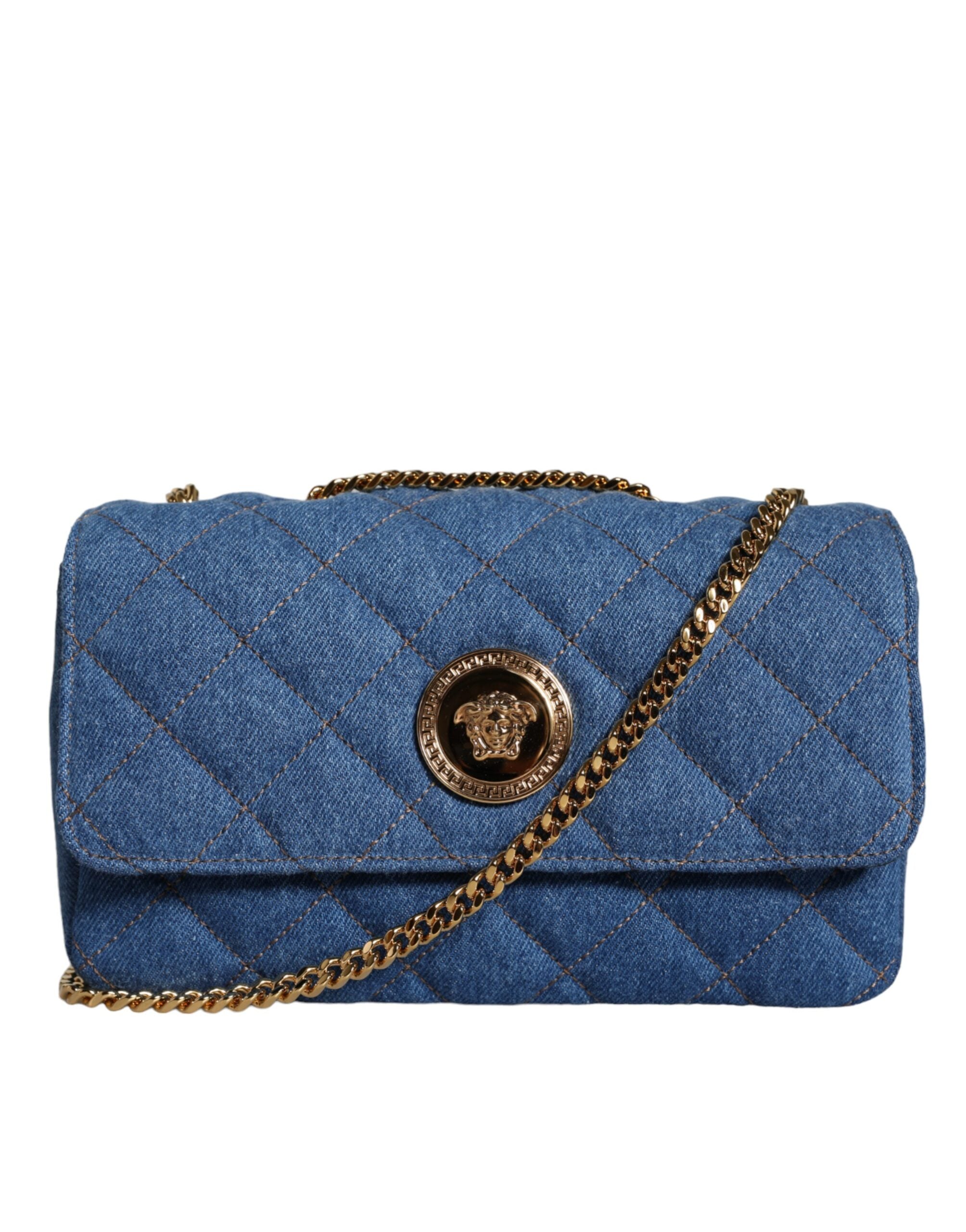 Versace Blue Quilted Denim Leather Crossbody Shoulder Bag -  Luxury Cross Body Bag for Women -  Versace. Versace Blue Quilted Denim Leather Crossbody Shoulder Bag -  Luxury Cross Body Bag for Women -  Versace.