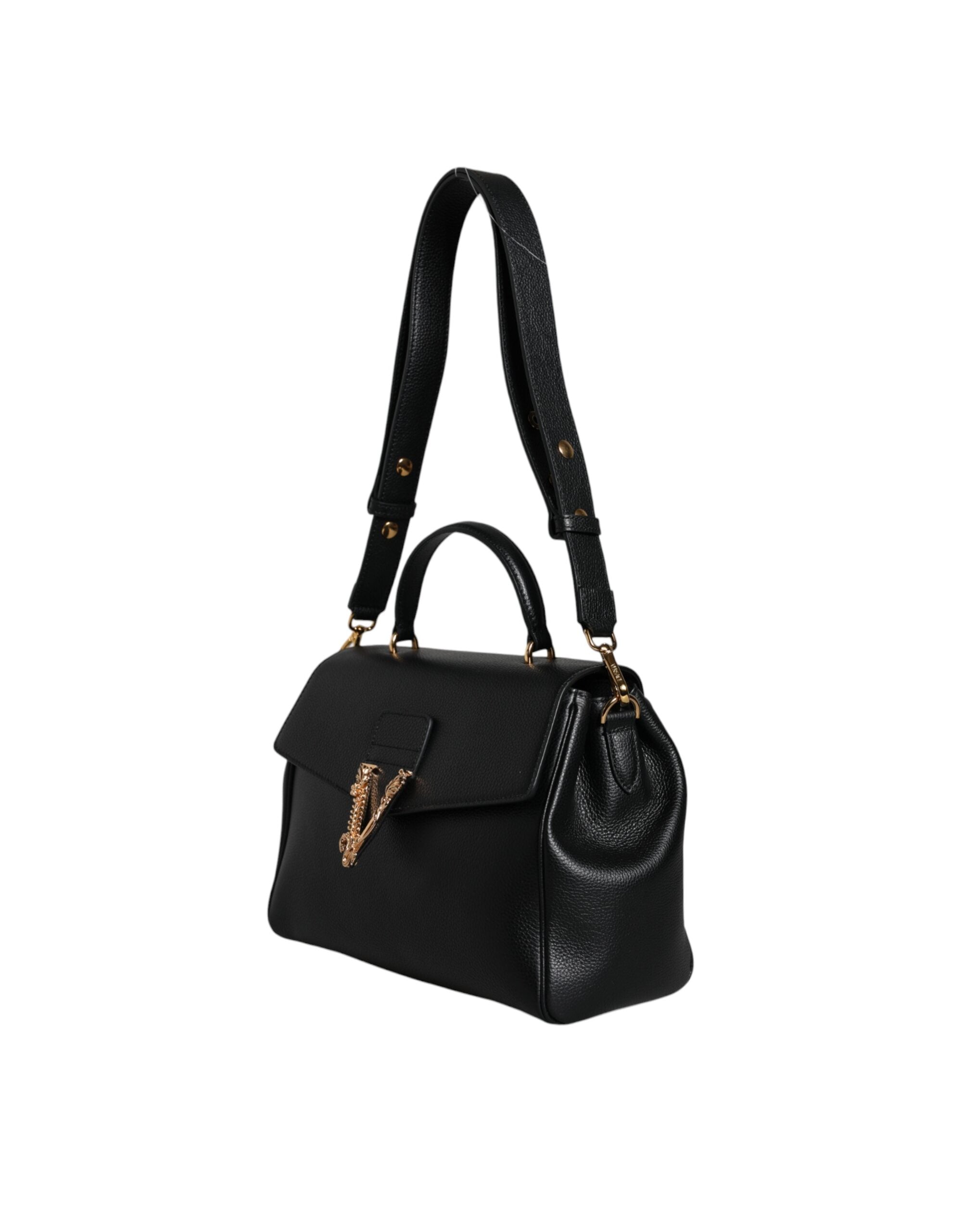 Versace Black Top Handle Grainy Calfskin Leather Crossbody Bag -  Luxury Cross Body Bag for Women -  Versace. Versace Black Top Handle Grainy Calfskin Leather Crossbody Bag -  Luxury Cross Body Bag for Women -  Versace.
