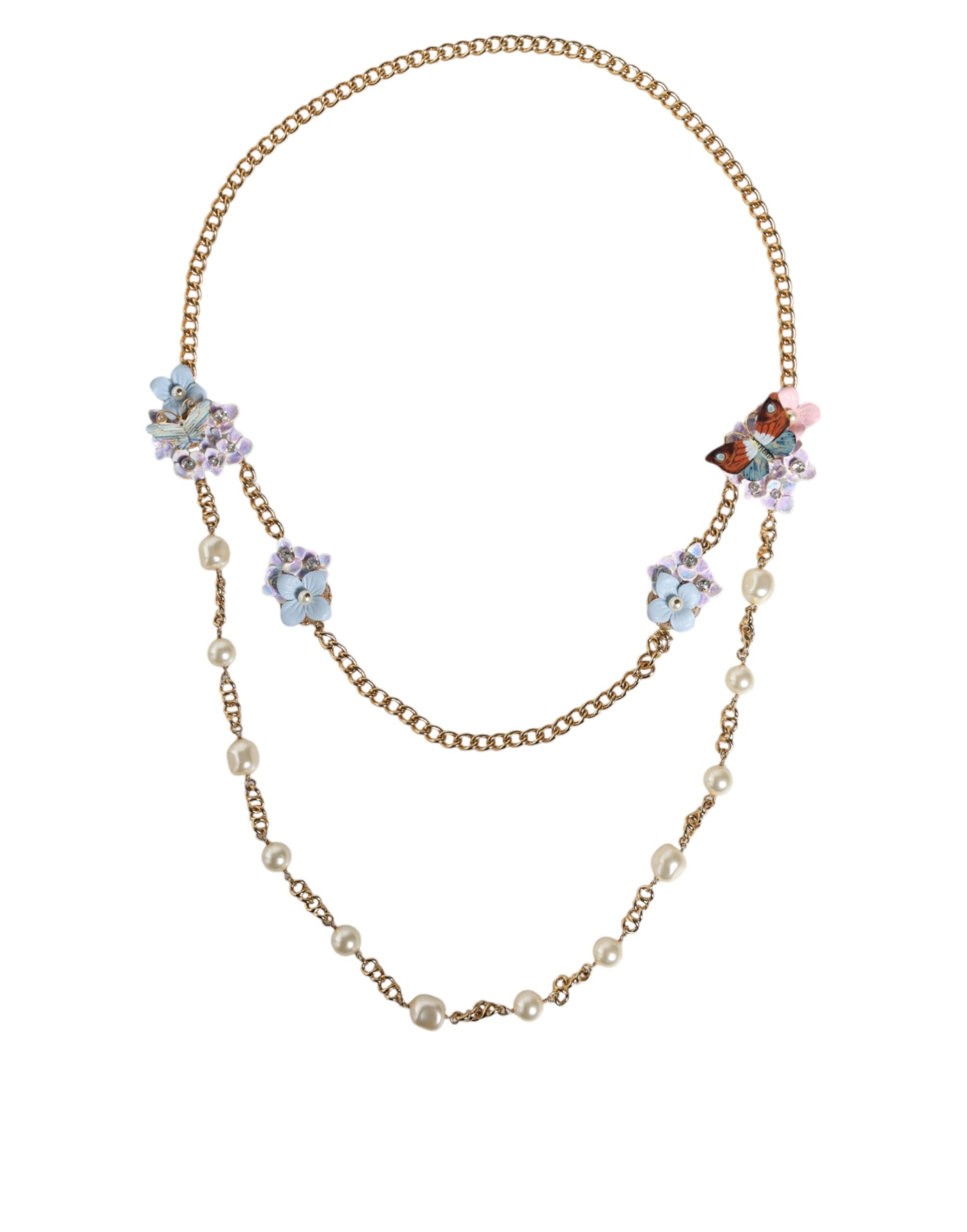 Dolce & Gabbana Gold Chain Brass Floral Layered Crystal Pearl Necklace -   -  Dolce & Gabbana.