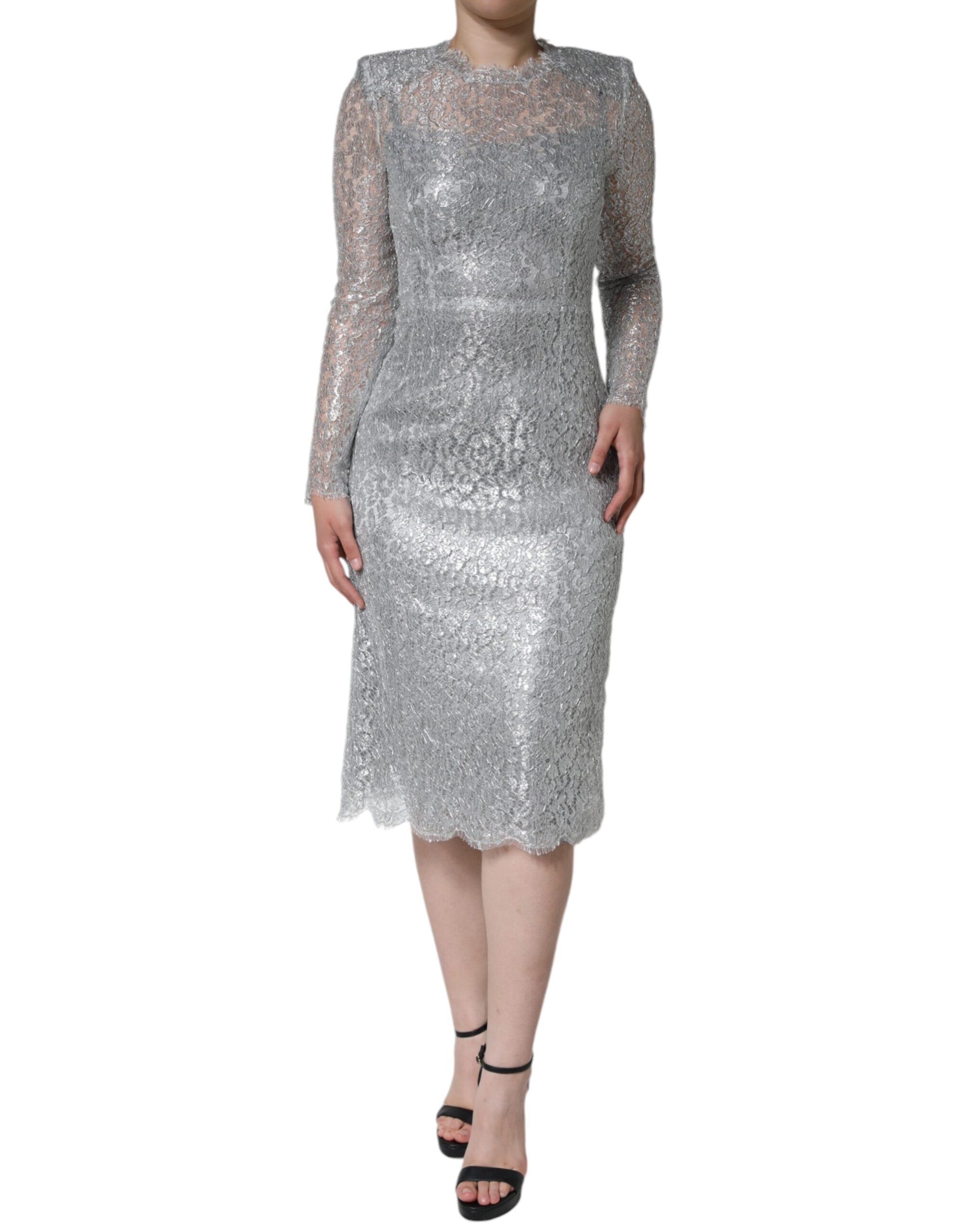 Dolce & Gabbana Silver Floral Lace Bodycon Sheath Midi Dress -   -  Dolce & Gabbana.