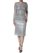 Dolce & Gabbana Silver Floral Lace Bodycon Sheath Midi Dress -   -  Dolce & Gabbana.