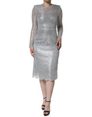 Dolce & Gabbana Silver Floral Lace Bodycon Sheath Midi Dress -   -  Dolce & Gabbana.