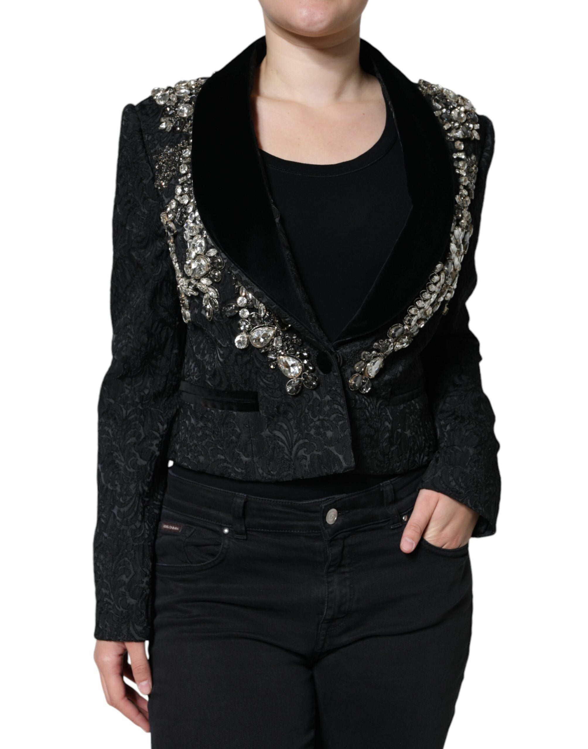 Dolce & Gabbana Black Jacquard Crystal Floral Jacket Blazer -   -  Dolce & Gabbana.