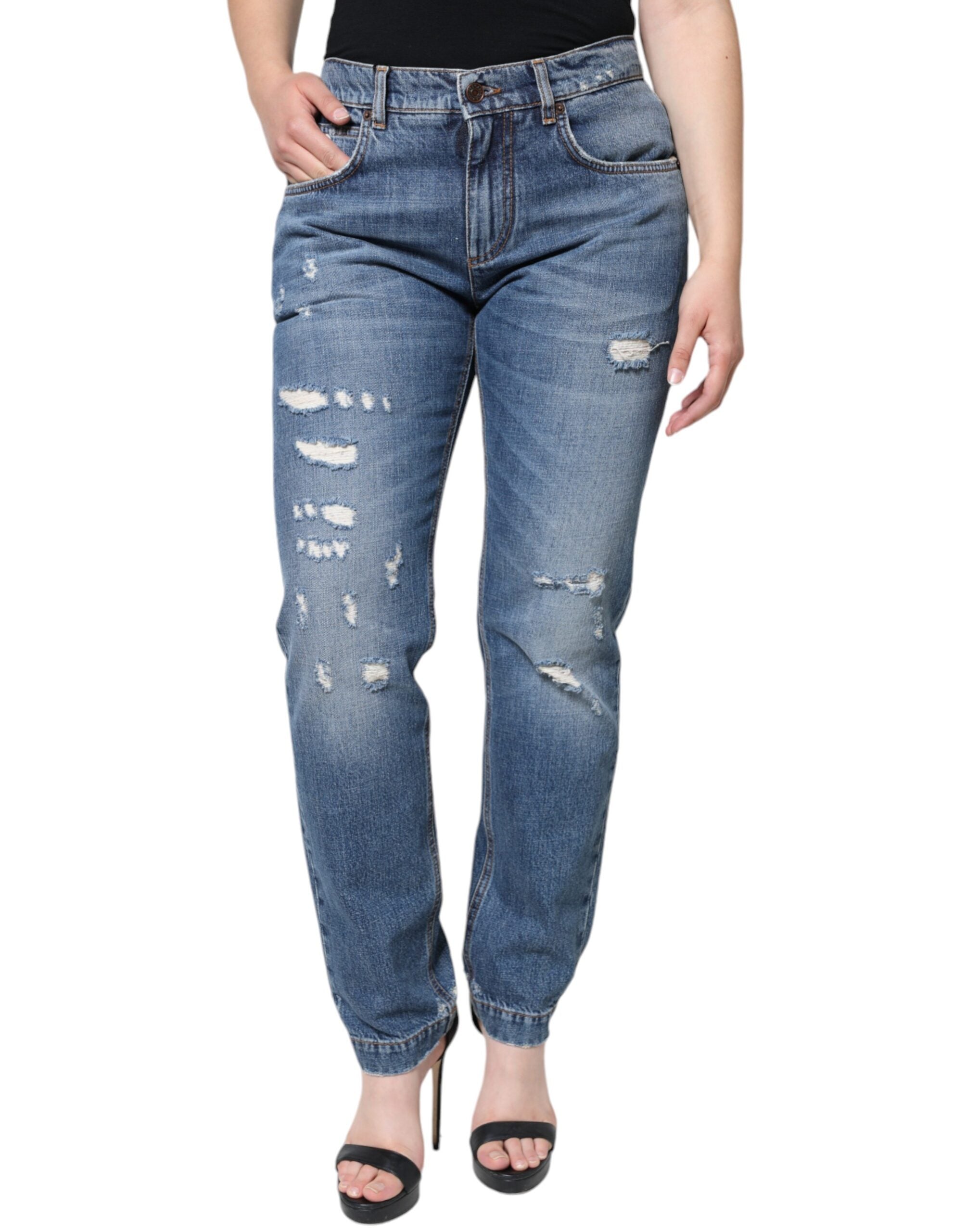 Dolce & Gabbana Blue Cotton Tattered Boyfriend Denim Jeans -   -  Dolce & Gabbana. Dolce & Gabbana Blue Cotton Tattered Boyfriend Denim Jeans -   -  Dolce & Gabbana.