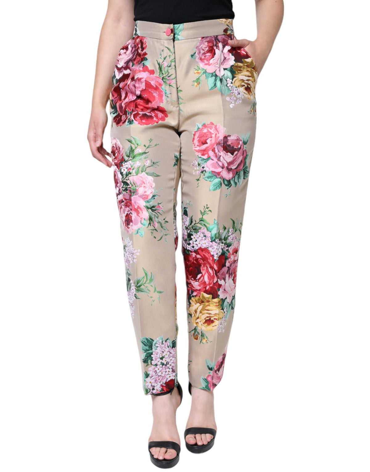 Dolce & Gabbana Beige Floral Jacquard High Waist Tapered Pants -   -  Dolce & Gabbana.