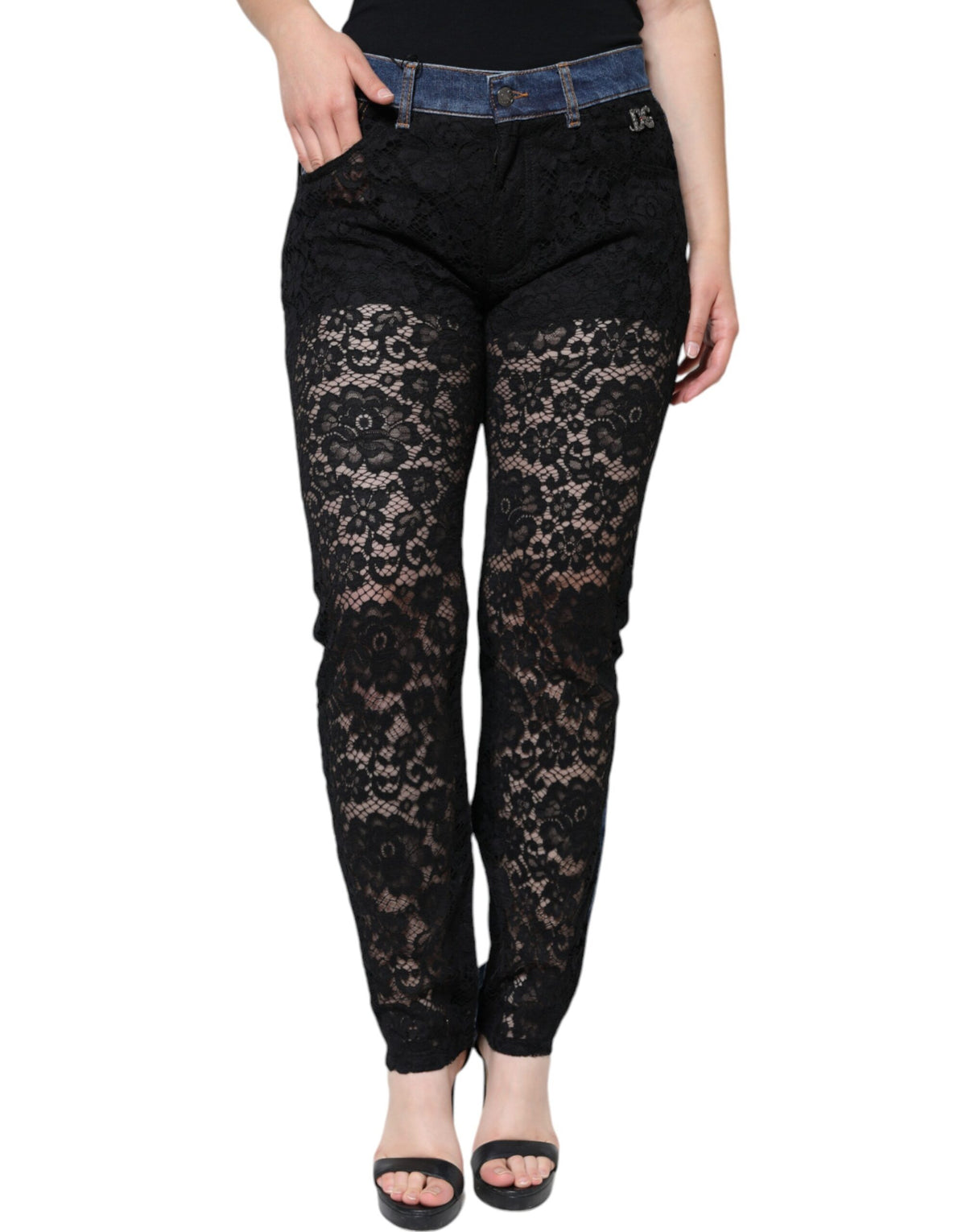 Dolce & Gabbana Black Floral Lace Front Skinny Denim Jeans -   -  Dolce & Gabbana.