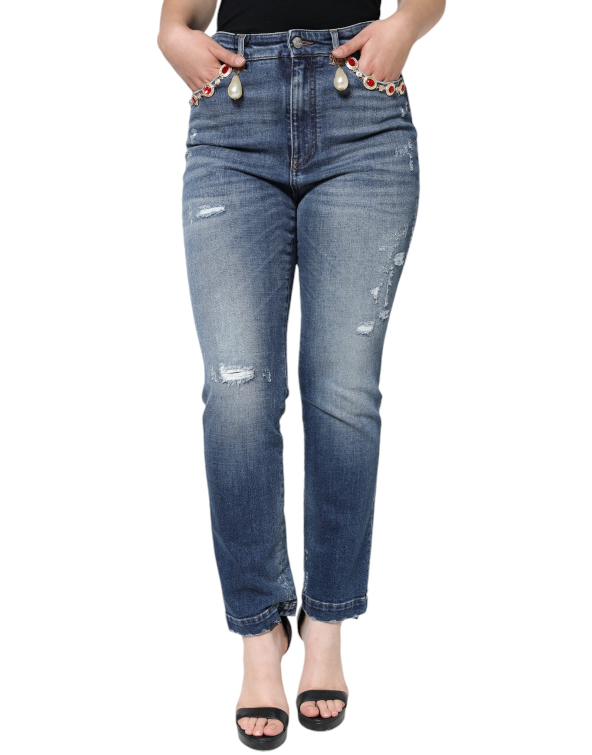 Dolce & Gabbana Dark Blue Cotton Tattered Skinny Denim Jeans -   -  Dolce & Gabbana.