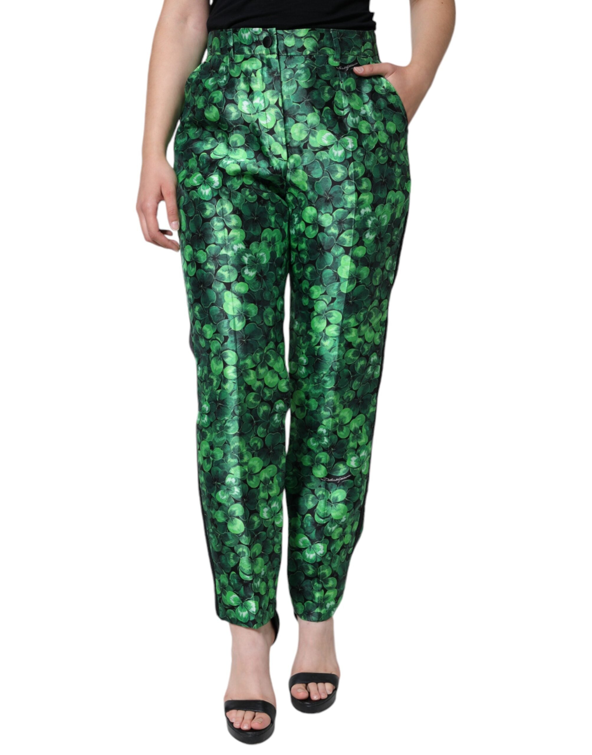 Dolce & Gabbana Green Clover Silk Satin High Waist Tapered Pants -   -  Dolce & Gabbana.