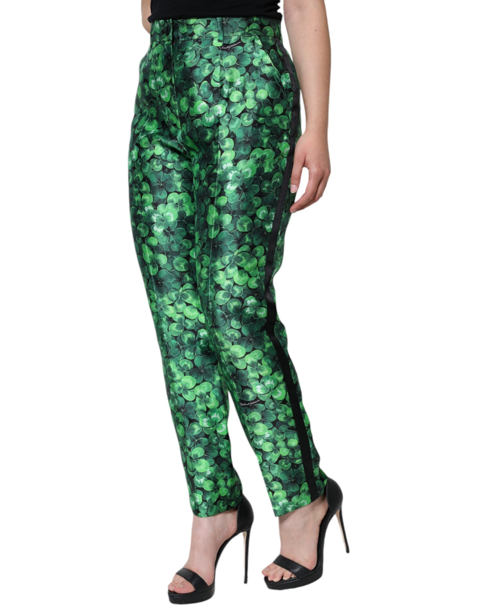 Dolce & Gabbana Green Clover Silk Satin High Waist Tapered Pants -   -  Dolce & Gabbana. Dolce & Gabbana Green Clover Silk Satin High Waist Tapered Pants -   -  Dolce & Gabbana.