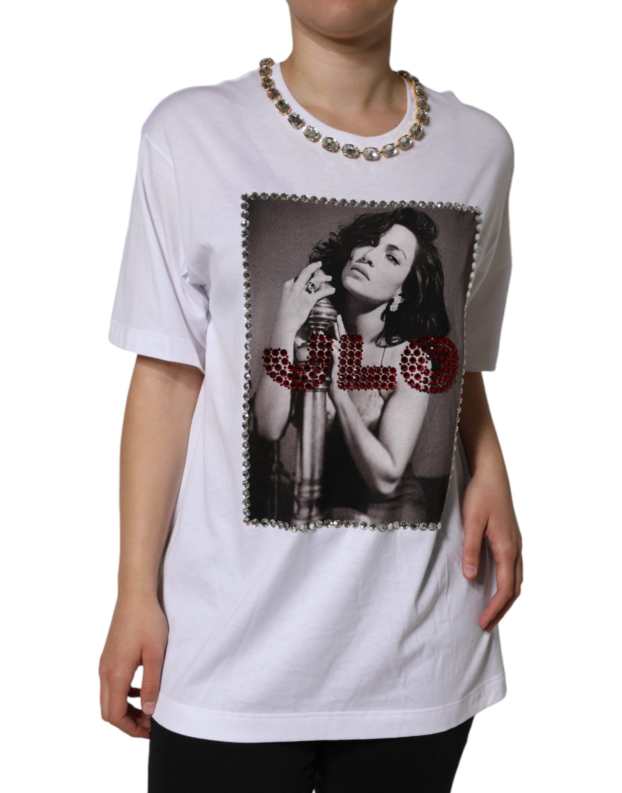 Dolce & Gabbana White Crystal Neckline Embellished Printed T-shirt -   -  Dolce & Gabbana.