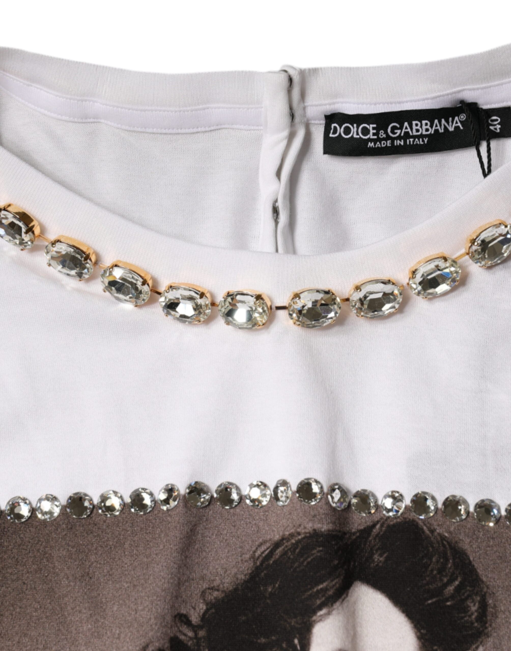 Dolce & Gabbana White Crystal Neckline Embellished Printed T-shirt -   -  Dolce & Gabbana. Dolce & Gabbana White Crystal Neckline Embellished Printed T-shirt -   -  Dolce & Gabbana.