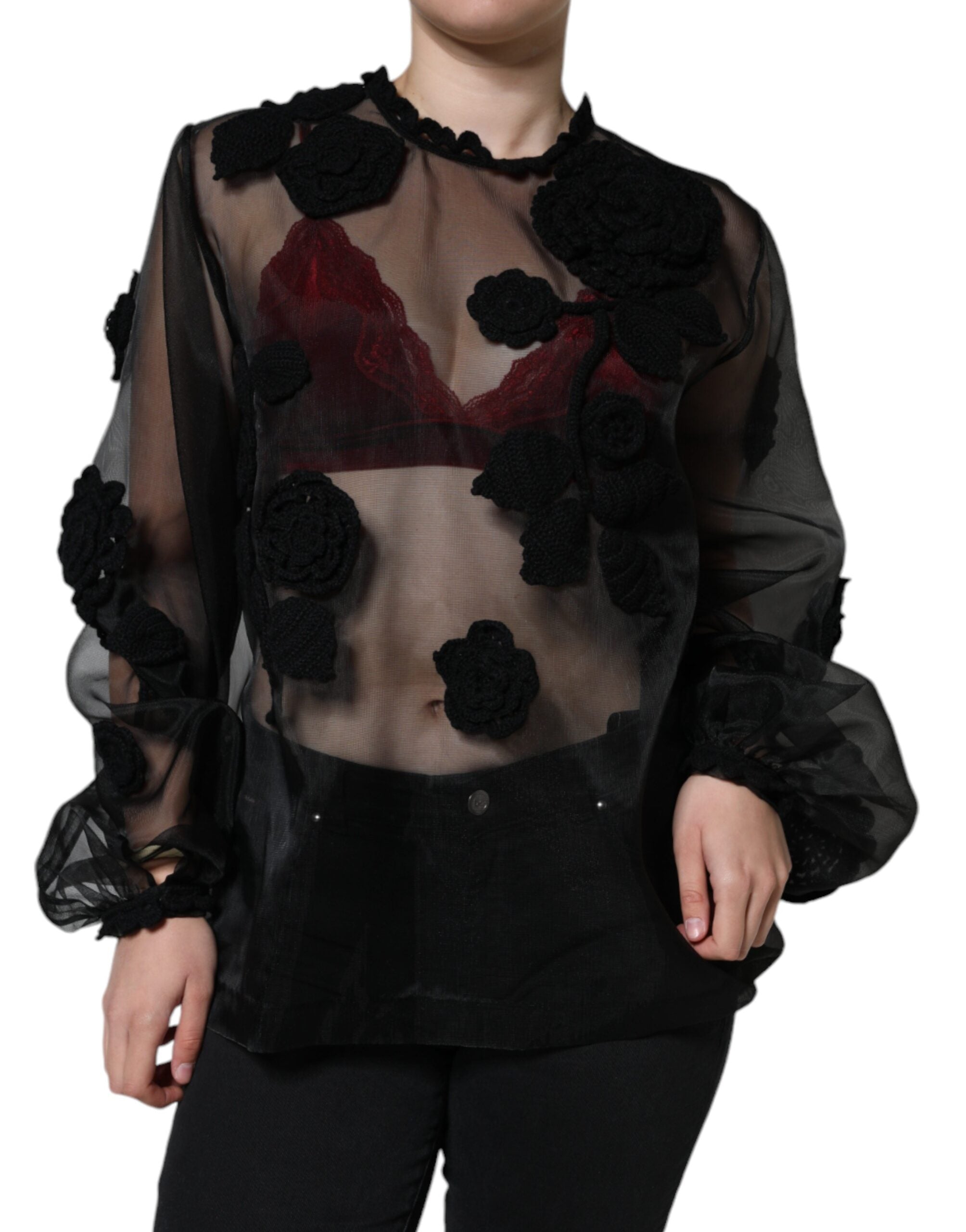 Dolce & Gabbana Black Nylon Mesh Transparent Floral Blouse -   -  Dolce & Gabbana.