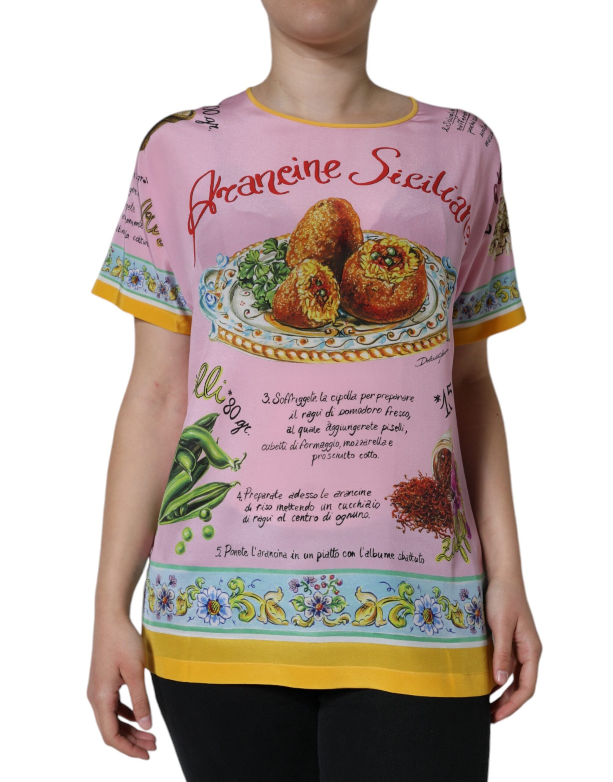 Dolce & Gabbana Pink Silk Araneine Siciliana Print Short Sleeves Top -   -  Dolce & Gabbana.