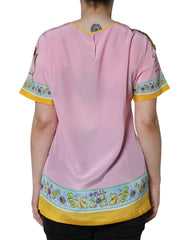 Dolce & Gabbana Pink Silk Araneine Siciliana Print Short Sleeves Top -   -  Dolce & Gabbana.