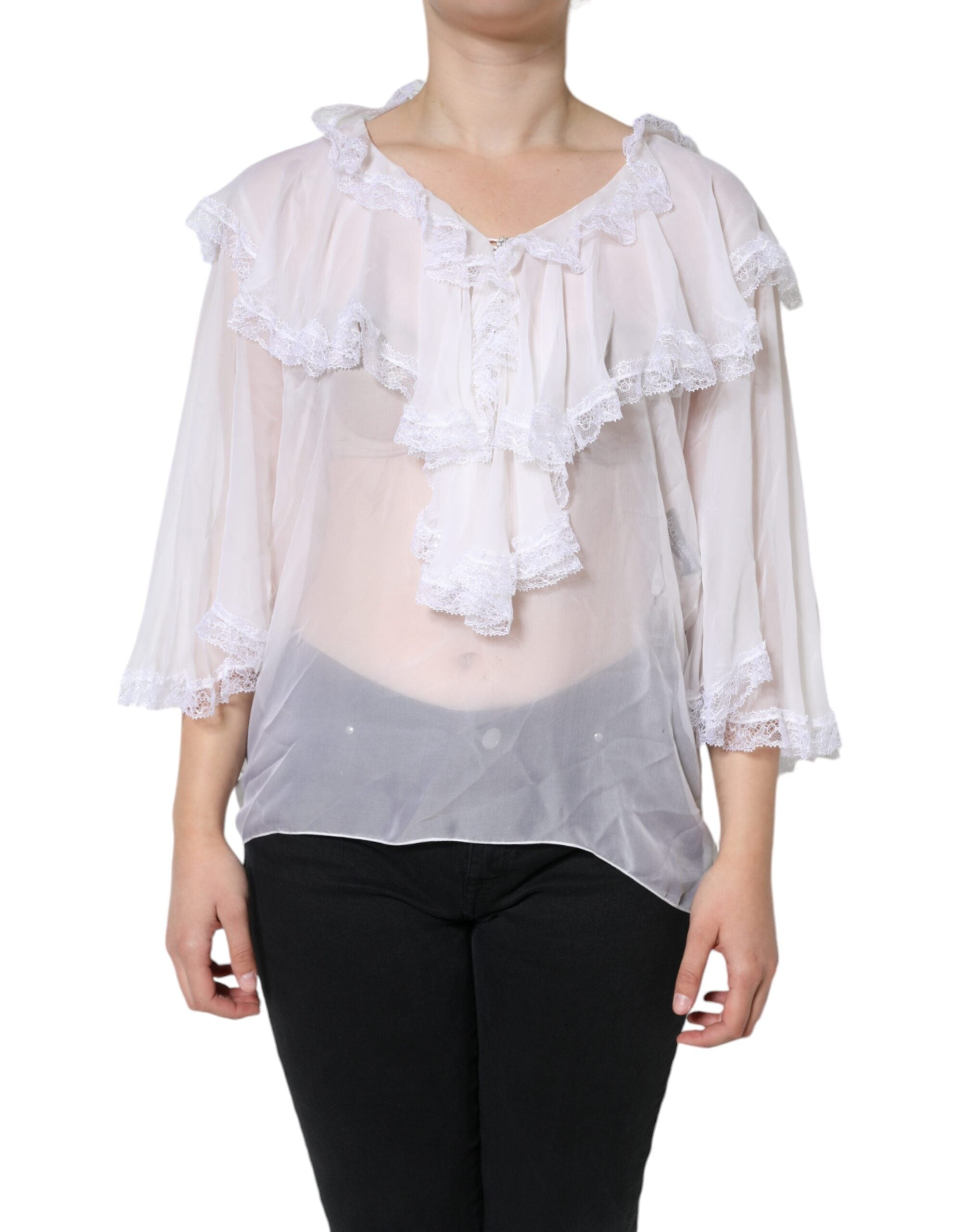 Dolce & Gabbana White Ruffles Lace Long Sleeve Blouse Top -   -  Dolce & Gabbana.