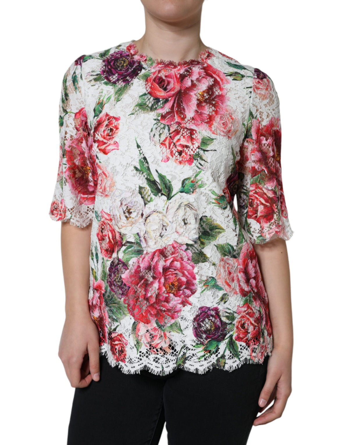 Dolce & Gabbana White Peony Lace Short Sleeves Blouse Top -   -  Dolce & Gabbana.