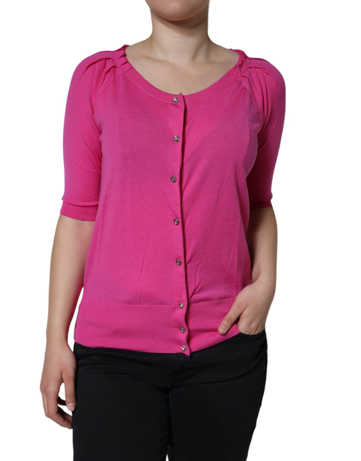 Dolce & Gabbana Pink Wool Button Down Short Sleeve Blouse Top -   -  Dolce & Gabbana.