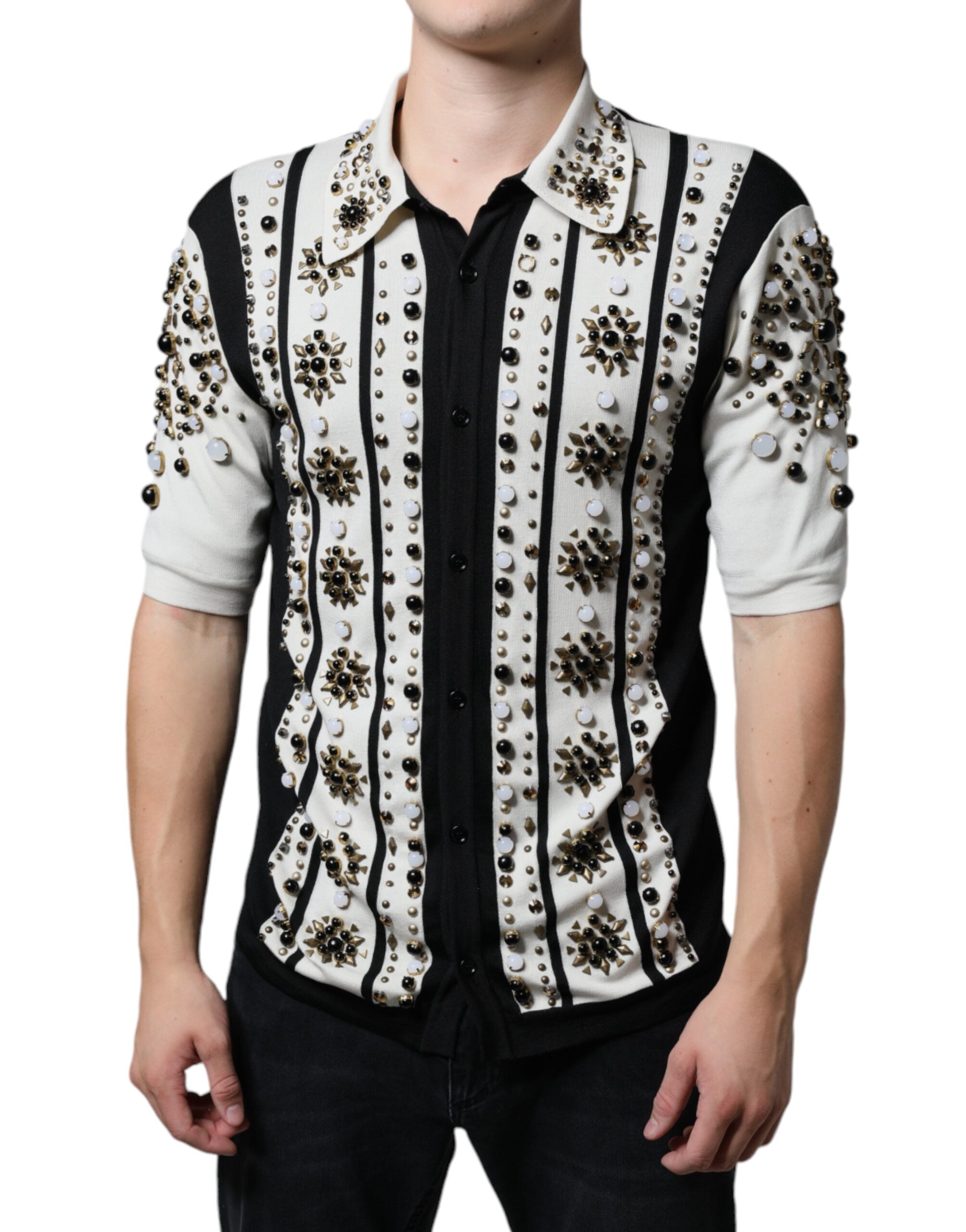 Dolce & Gabbana White Black Silk Studded Stone Crystal Shirt -   -  Dolce & Gabbana. Dolce & Gabbana White Black Silk Studded Stone Crystal Shirt -   -  Dolce & Gabbana.